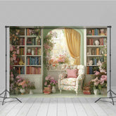 Aperturee - Aperturee Vintage Library Wedding Photography Backdrop Romantic Bookshelf with Flowers Light Academia Themed Photo Prop